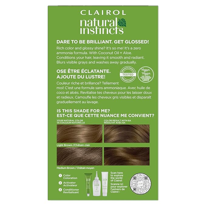 Clairol Natural Instincts Demi-Permanent Hair Dye, 6A Light Cool Brown Hair Color, Pack of 3