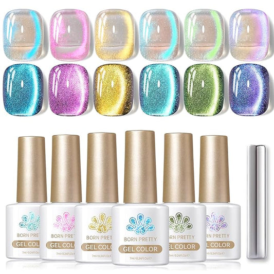 Born Pretty Cat Magnetic Eye Gel Nail Polish Aurora Mermaid Blue Purple Pink Yellow Red Gel Polish Glass Holographic Glitter Gel Nail Polish for Nail Art Manicure Salon DIY 6PCS 7ML