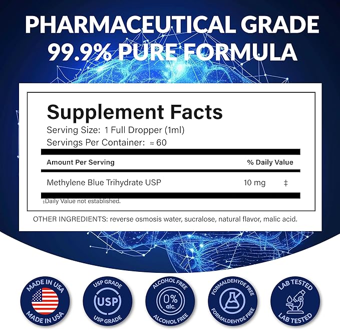Methylene Blue Drops Pharmaceutical Grade - USP Liquid 10mg/mL - High Potency Nootropic Supplement - Blue Methylene Pure Liquid Concentrate - USP Grade Cognitive Support Drops – 2 Fl Oz (60mL)
