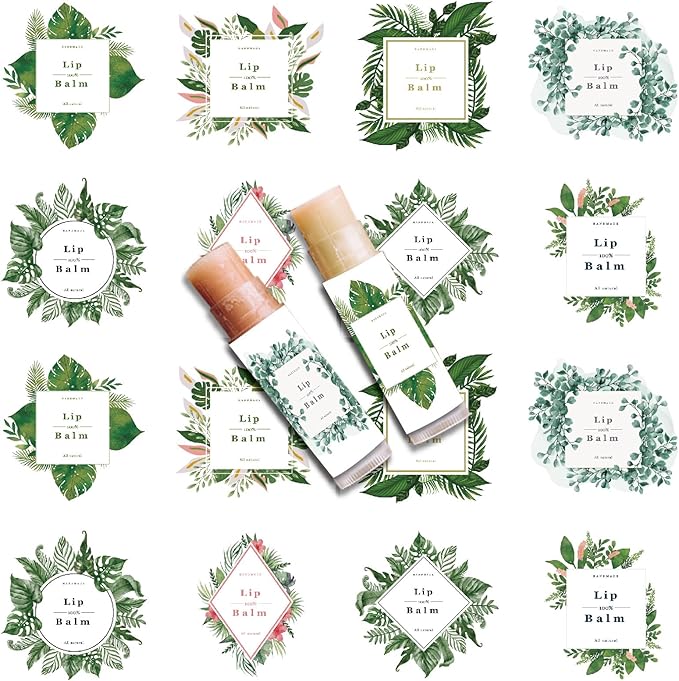 CRASPIRE 80Pcs 8 Styles Labels for Lip Balm Coated Paper Paster Tropical Plants Square Tubes Lip Balm Labels Stickers Natural Homemade Self-Adhesive Stickers Logo for Containers Cosmetics Lipsticks