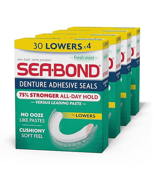Sea-Bond Secure Denture Adhesive Seals, Fresh Mint Lowers, Zinc-Free, All-Day-Hold, Mess-Free, 30 Count (Pack of 4)