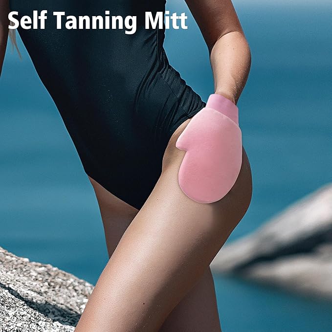 Self Tanner Brushes- Extra Large Body Kabuki Brush & Tanning Mitt, 2 Pcs, Big Body Makeup Brush for Legs, Face, Soft Self Tanning Glove Applicator for Fake Tan, Foundation, Lotion, Makeup (Purple)