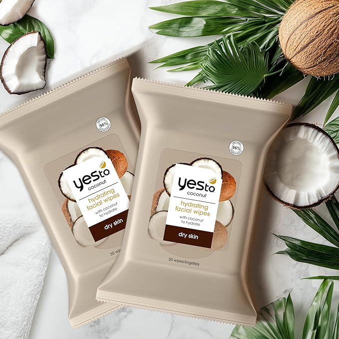 Yes To Face Wipes for Women and Men, Restoring Facial Cleansing Wipes for use as a Make Up Remover, Cleaning, Soothing, Coconut (Pack of 2)