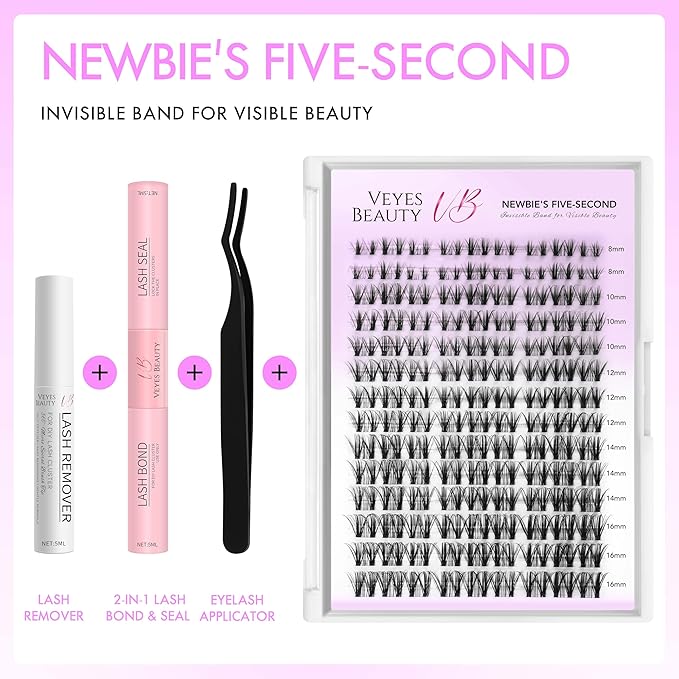 VEYESBEAUTY Lash Clusters Kit Eyelash Extensions Thin & Invisible Band DIY Individual False Eyelashes Newbie's Five-Second Series Lash Tray for Self-application, Whisper Lash 8-16mm Mixed Length