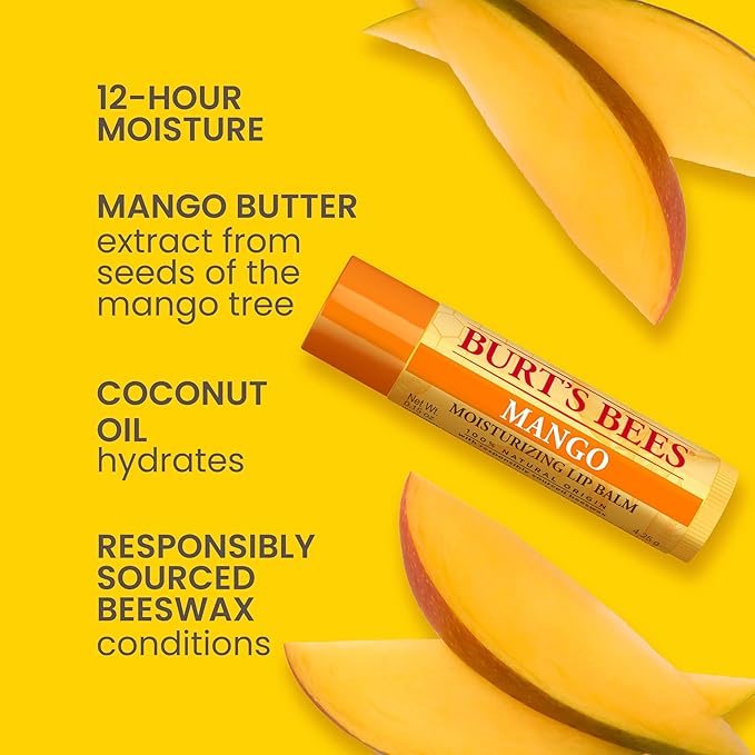 Burt's Bees Lip Balm - Pink Grapefruit, Mango, Coconut & Pear, and Pomegranate Pack, Lip Moisturizer With Beeswax, Tint-Free, Natural Origin Conditioning Lip Treatment, 4 Tubes, 0.15 oz.
