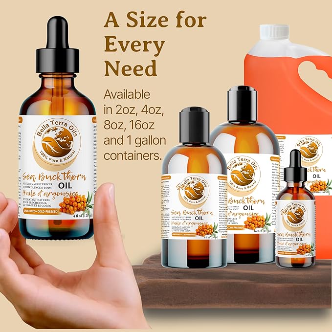 Bella Terra Oils - Seabuckthorn Berry Oil 4oz - Experience Nature's Luxurious Touch, Brimming with Vitamin E & Carotenoids, Transcend Ordinary Skincare