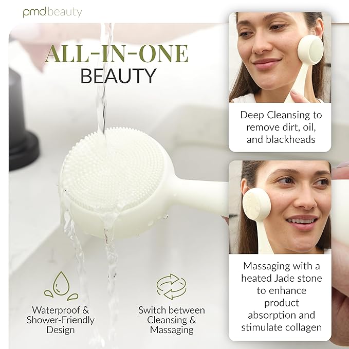 PMD Beauty Clean Pro Jade - Smart Facial Cleansing Device with Silicone Brush & Jade Gemstone ActiveWarmth Anti-Aging Massager - Waterproof - SonicGlow Vibration - Clear Pores & Blackheads