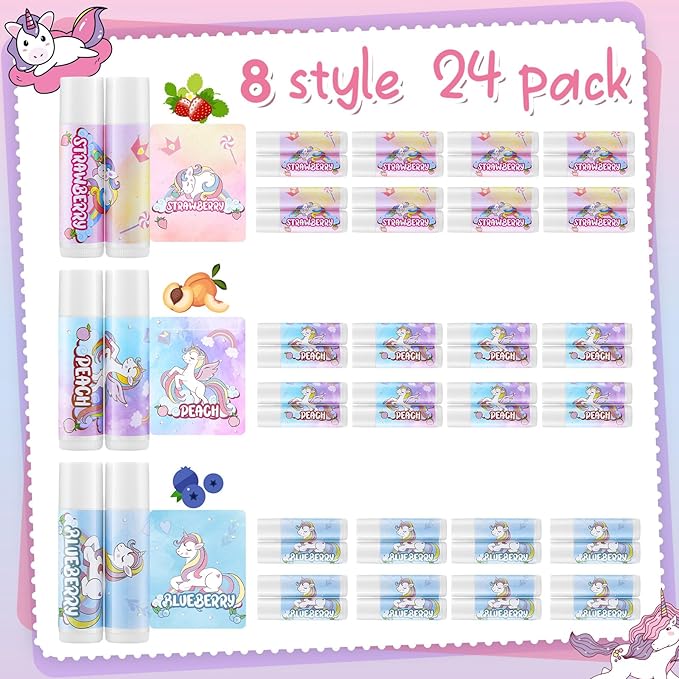 24 Pcs Unicorn Lip Balm Back to School Gift Unicorn Party Favors Lip Balm for Girls Birthday Party Favors Lip Gloss for Kids Gifts for Kids Fruity Favors Unicorn Gift for Cute Girls