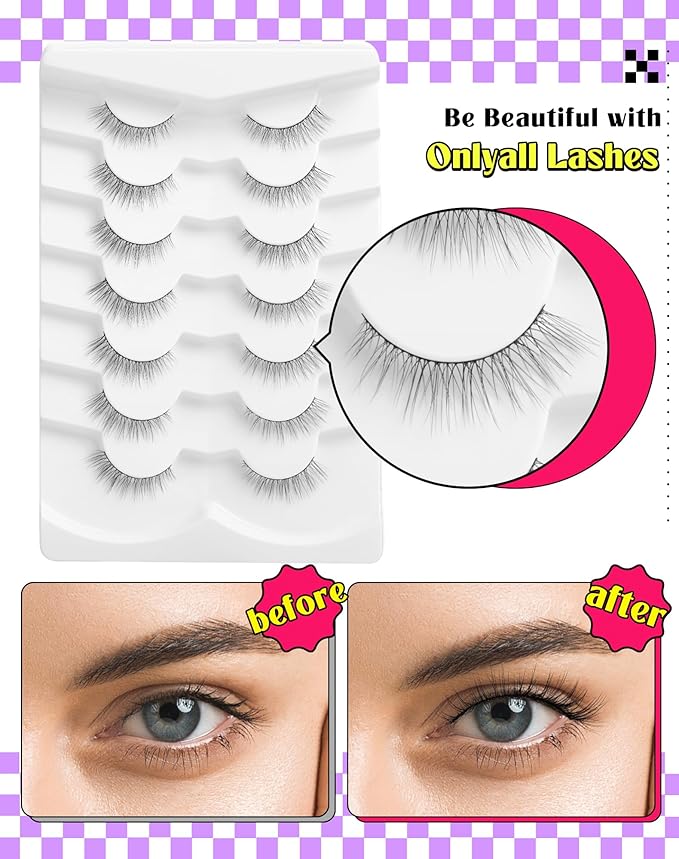 Onlyall Natural Lashes Wispy Lashes Natural Look False Eyelashes Natural Flared Eyelashes False Eye Lashes Soft Fluffy Lashes 7 Pairs DK32, Black
