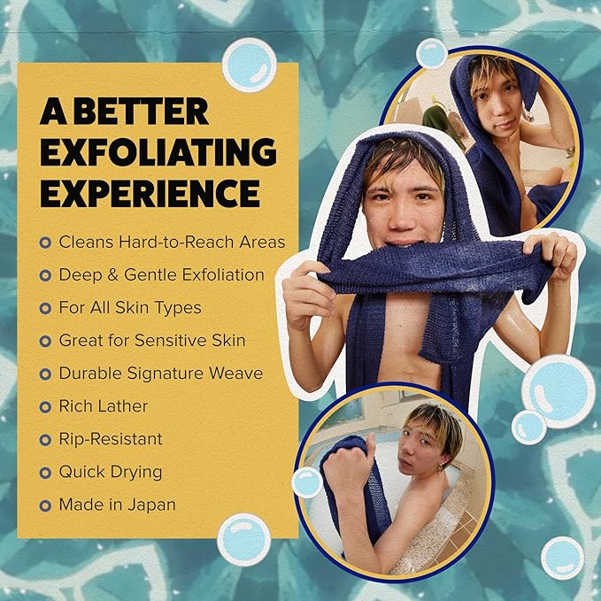 GOSHI Exfoliating Shower Towel - Rip-Resistant Exfoliating Washcloth for All Skin Types - Indigo Blue - Made in Japan