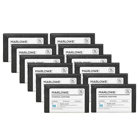 MARLOWE. No. 106 Charcoal Soap 7 oz (12 Bars) Body Bar Soap for Men, Cleansing, Purifying & Hydrating with Natural Extracts, Shea Butter, Olive Oil & Green Tea Extracts, Fresh Woodsy Scent