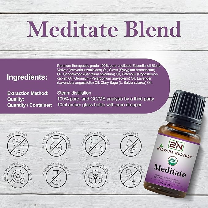 Meditate Blend USDA Certified Organic, 100% Pure and Premium, Undiluted, Meditation, Aromatherapy, Calm, Relax