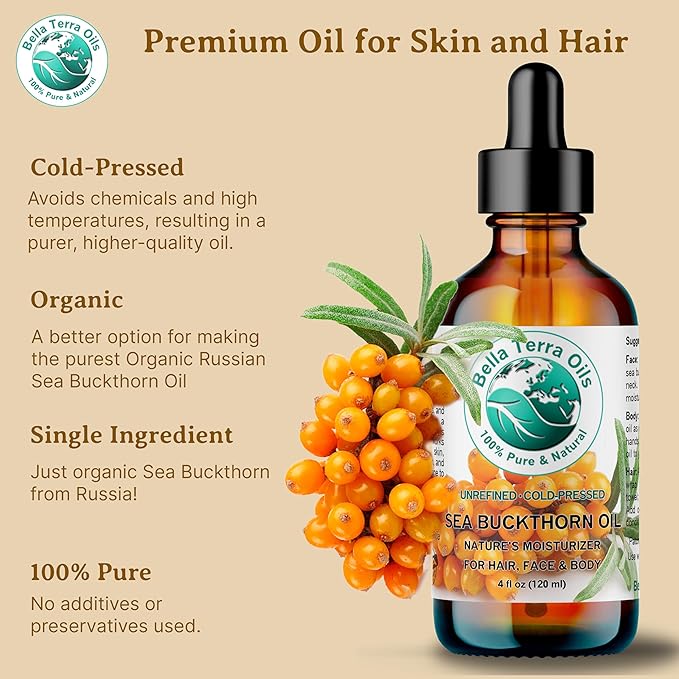 Bella Terra Oils - Organic Sea Buckthorn Oil 2 oz - Dive into Rich Essence of Organic Sea Buckthorn Berry, Packed with Vitamin C, E, & A, Omega-Fatty Acids Delight for Face