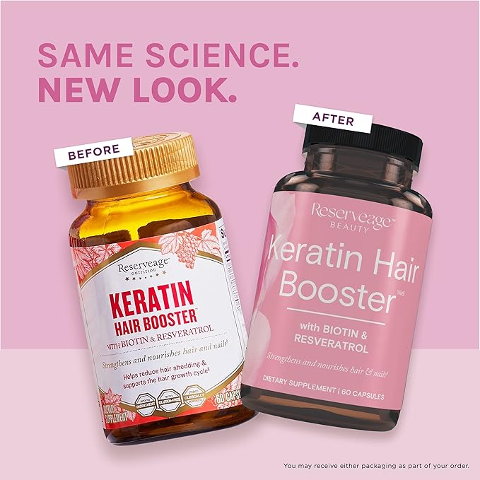 Reserveage Beauty, Keratin Hair Booster with Biotin & Resveratrol, Hair and Nail Growth Supplement for Men and Women, Supports Healthy Thickness and Shine with Biotin, 60 Capsules (30 Servings)