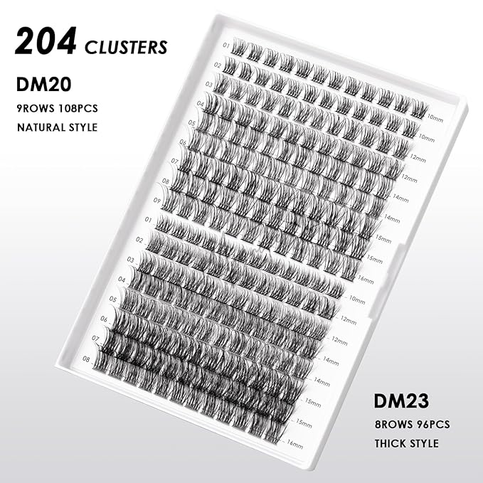 Lash Clusters 204 Pcs Individual Lashes Clusters Eyelash Extensions False Eyelashes DIY Lash Extension Kit Reusable False Eyelashes Natural Look Mix 10-16mm C D Curl(DM20+DM23)