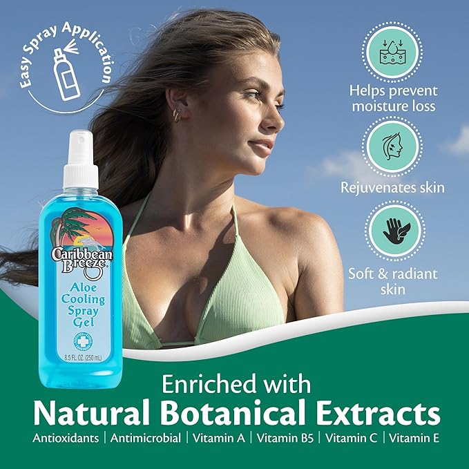 Caribbean Breeze Aloe Cooling Spray Gel, Mango Lime Aloe Vera Gel for Sunburn Relief Spray, Vitamin Enriched with Camellia & Tea Tree, 8.5 oz (250 ml)