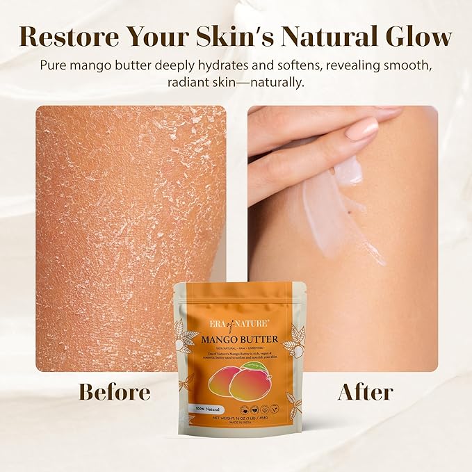 era of nature Organic Unrefined Raw Mango Body Butter Block 16oz - Moisturizing Mango Seed Raw Butter Bar for Skin & Hair, DIY Lip Balm Base, Cream, Soap & Lotion Making Supplies, Personal Skincare