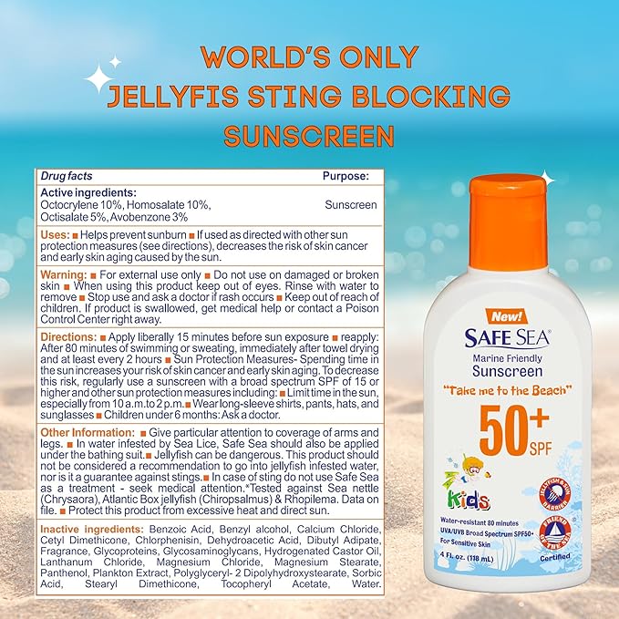 Safe Sea Jellyfish Sting-Blocking Sunscreen for Kids, SPF 50+ Lotion 4oz, Waterproof, Biodegradable, Coral Reef-Safe – Body and Face Sunscreen, Anti-Jellyfish and Sea-Lice sting protection.
