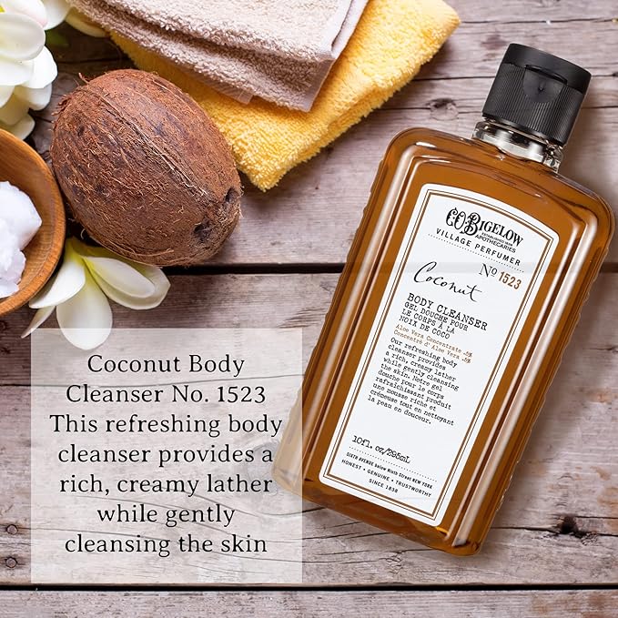 C.O. Bigelow Coconut Body Cleanser, Village Perfumer Moisturizing Gentle Body Wash for Men & Women with Aloe Vera, Sodium PCA, and Glycerin, 10 fl oz