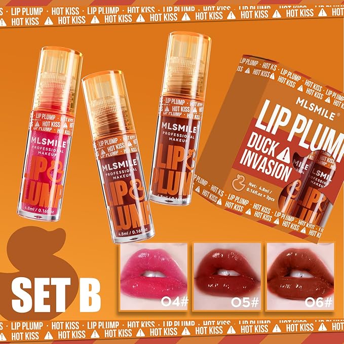 3-Color Duck Lip Plumper Gloss - High Pigment, Hydrating Lip Glow Oil, Balm Set for Women (Vegan, Set B)