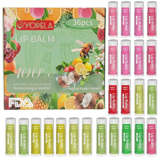 36 Pack Natural Lip Balm Bulk with Vitamin E and Coconut Oil - Moisturizing, Soothing, and Repairing Dry and Chapped Lips - 12 Flavors - Non-GMO