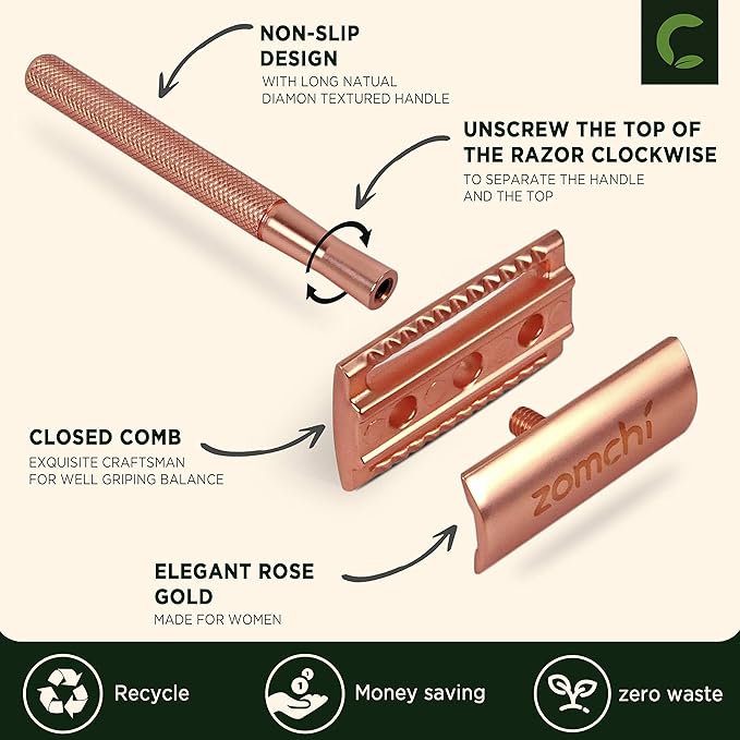 Safety Razor for Women, Men's Single Blade Razor with a Razor Stand with 10 Blades, Double Edge Razor with a Texture Handle, Metal Razor Women, Fits All Double Edge Razor Blades (Rose Gold)