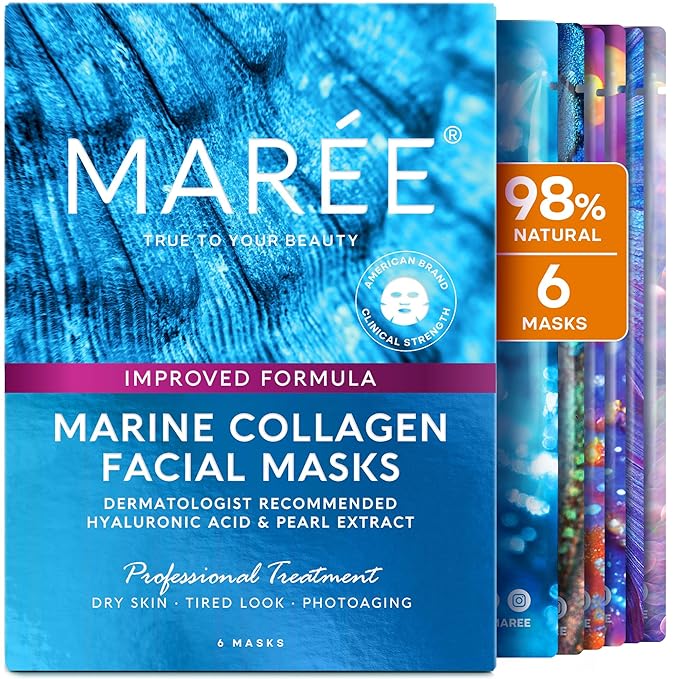 MAREE Collagen Facial Mask with Hyaluronic Acid - Hydrating Face Masks Skincare - Mascarillas Faciales For Women Skin Care - Multicolor, 6 Count