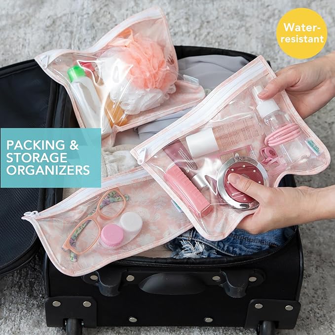 Bumkins Travel Bag, Toiletry, TSA Approved Pouch, Zip Bag, Quart Size Airline Compliant, Clear-Sided, Baby, Diaper Bag Organization, Makeup, Accessories, Packing, Set of 3 Sizes, Floral Gray