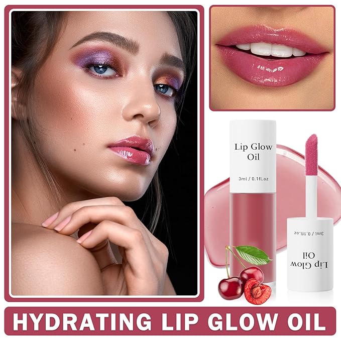 CAHIUYOA Cherry Lip Glow Oil Moisturizing Plumping Lip Gloss Lip Plumper Gloss Lip Oil Tinted Lip Balm Lip Care for Women - 04 Cherry