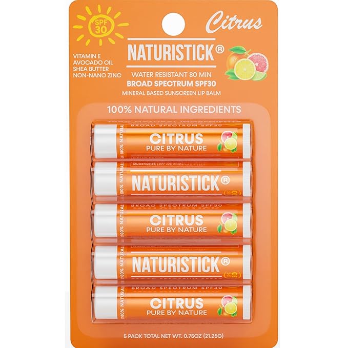 Naturistick SPF 30 Vegan Lip Balm – Mineral Sunscreen with Zinc Oxide | Broad Spectrum UVA/UVB Protection | 100% Natural, Coral-Friendly Formula | Oxybenzone Free | 5-Pack Citrus | Made in USA