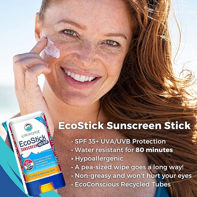 STREAM2SEA EcoStick SPF 35 Mineral Sunscreen Stick, Sweat Water Resistant Sunblock, USDA Approved Biodegradable Paraben Free Reef Safe Sunscreen Protection Against UVA UVB (EcoStick WildPink) - 0.5 oz