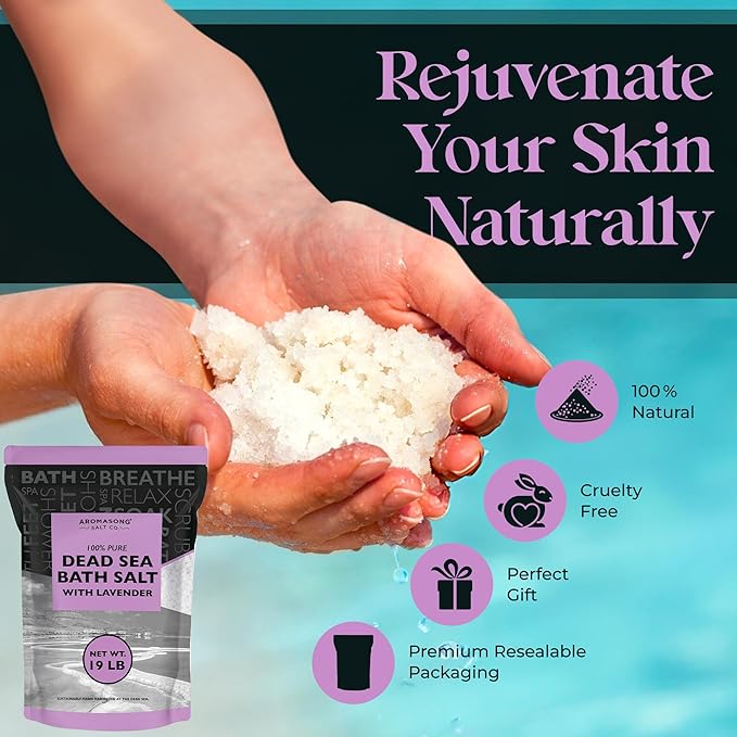 Aromasong Pure Dead Sea Salt for Soaking with 100% Natural Lavender, 19 LB - Spa Bath Salt Fine Grain - Body Wash Scrub - Soak for Women & Men- Bulk Resealable Pack
