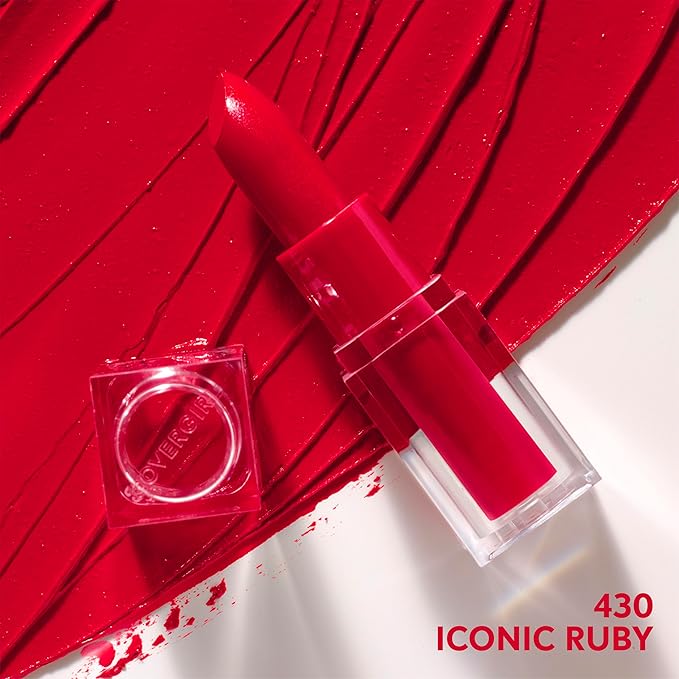 COVERGIRL Clean Lip Color, Iconic Ruby, Satin Finish, Squalane, Avocado & Aloe, Carmine-Free, Non-Drying, 0.12oz