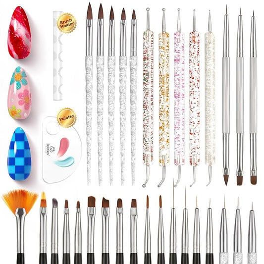 Beetles 31pcs Nail Art Brushes, Dotting Tools, Nail Art Pens, Dust Brush, Striping Liner Fingernail Drawing Pens with Palette Holder All in One for Starter Manicure Design Set