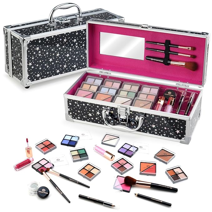 Color Nymph Beginners Makeup Kit With Train Case For Teenagers Girls, Full Starter Cosmetics Set Included 32 Colors Eyeshadow, Glitter Cream, Blush, Highlighter, Lip Gloss and Brush (Black)