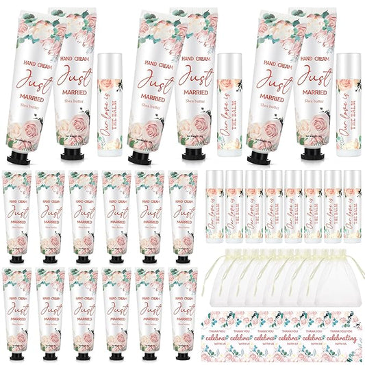 25 Set Wedding Lip Balms and Hand Cream Gift Set Include 25 Moisturizing Hand Care Cream 25 Lip Balms with Thank You Cards and Bags Bridesmaid Gift Set for Bridal Shower Wedding(Floral)