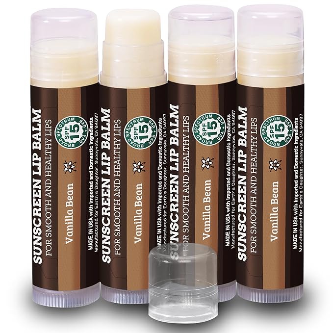 SPF Lip Balm 4-Pack by Earth's Daughter - Lip Sunscreen, SPF 15, Organic Ingredients, Vanilla Flavor, Beeswax, Coconut Oil, Vitamin E - Hypoallergenic, Paraben Free, Gluten Free