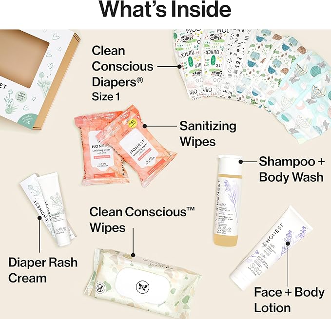 The Honest Company Baby Arrival Gift Set | Newborn Essentials Welcome Box | Diapers, Wipes, Personal Care, Diaper Rash Cream