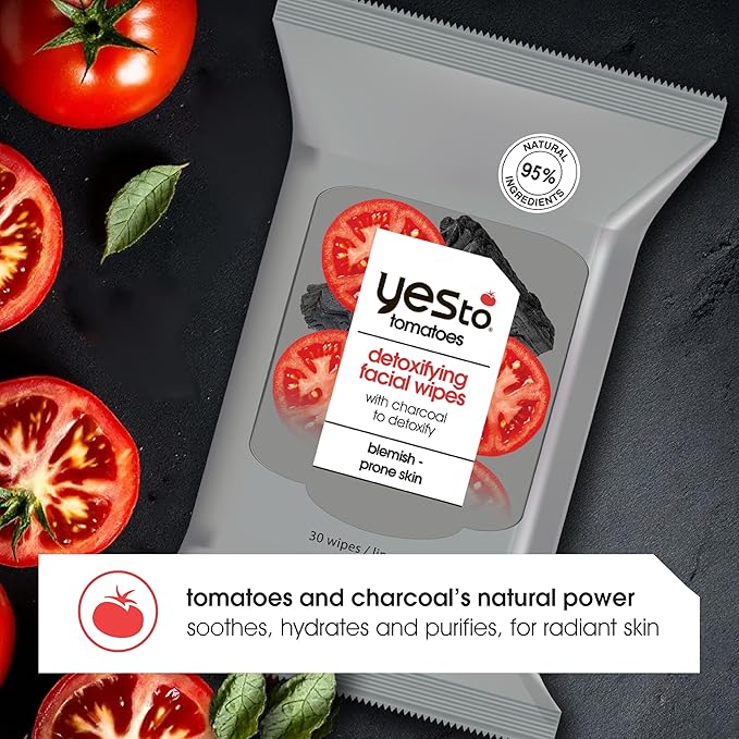 Yes To Face Wipes for Women and Men, Charcoal Facial Cleansing Wipes for use as a Make Up Remover, Cleaning, Soothing, Tomatoes (Pack of 2)