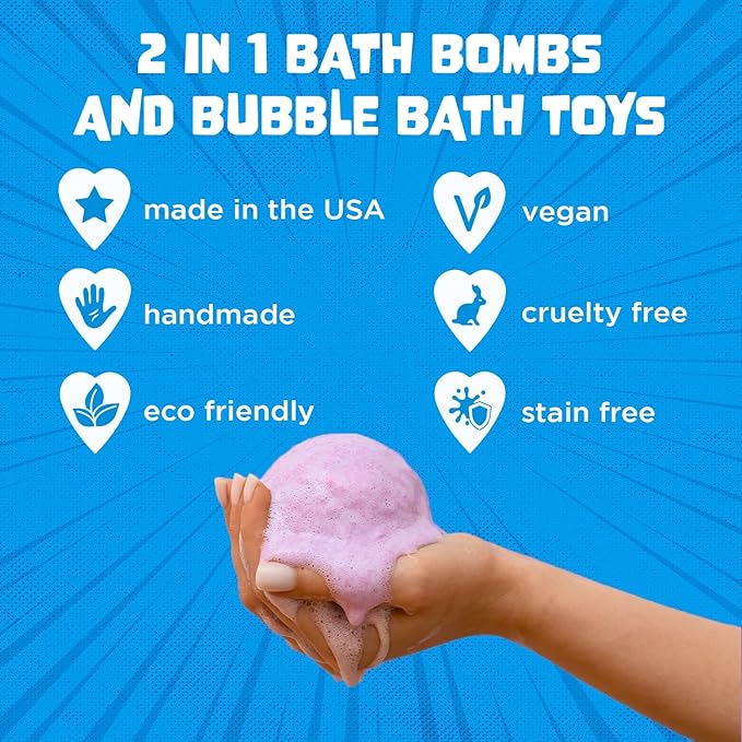 Poke Monster Bath Bombs for Kids with Surprise Toys Inside (6 Pack) - Large Bubble Bath Bomb for Boys, Girls, Toddlers - Fruity Scents, Made in USA, Skin-Safe - Birthday Gift by Two Sisters
