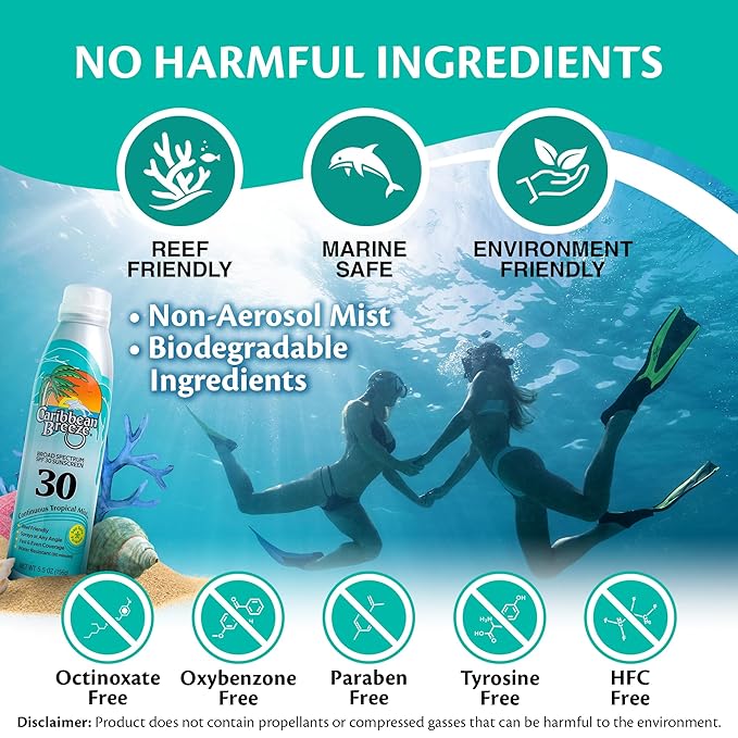 Caribbean Breeze Continuous Tropical Mist SPF 30 Sunscreen Spray, Reef Safe Sunscreen Spray, Up to 80 Minutes Water Resistant, 5.5 Ounces, 2 Pack