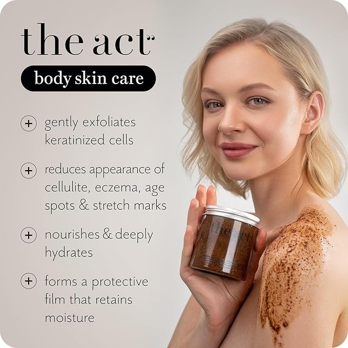 THE ACT Coffee Body Scrub with Salt & Cocoa – Exfoliating Scrub for Cellulite, Stretch Marks, Ingrown Hair – Organic Moisturizing Body Scrub with Vitamin E & Menthol – Gift for Women & Men, 10.58 Oz