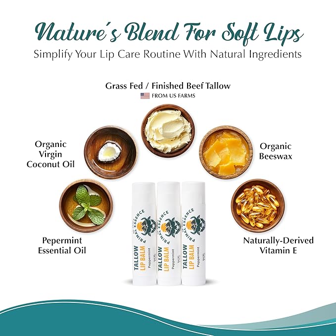 Moisturizing Tallow Lip Balm – Grass-Fed Beef Tallow with Organic Coconut Oil, Beeswax, and Vitamin E – Peppermint – Lip Balm Set – Travel Essential – 3-Pack