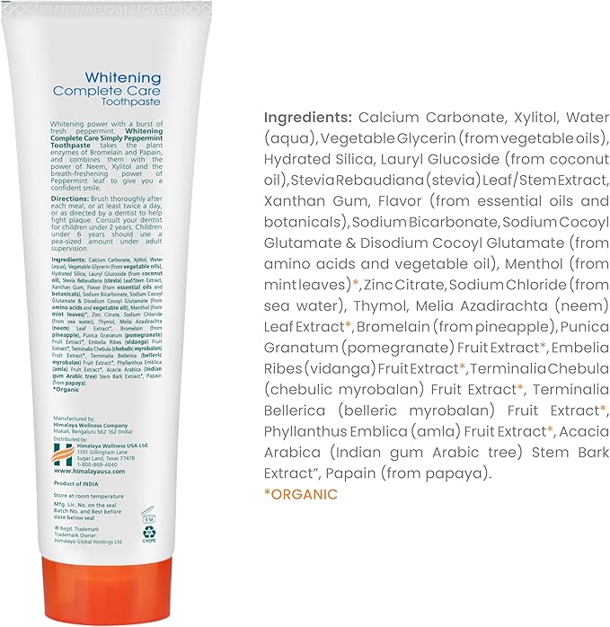 Himalaya Botanique Complete Care Whitening Toothpaste, Simply Peppermint, for a Clean Mouth, Whiter Teeth and Fresh Breath, 5.29 oz