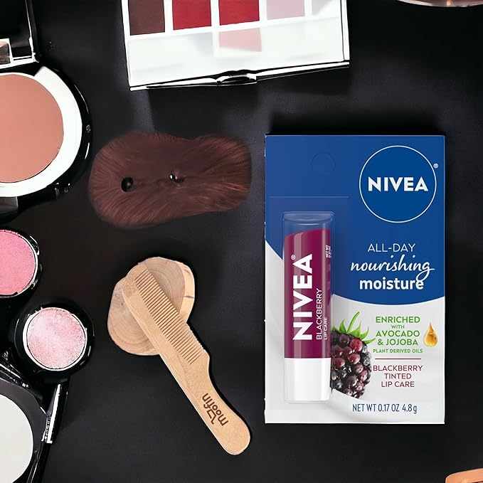 Nivea Lip Balm Hydrating, 0.17 Oz, Enriched with Avocado & Jojoba for Soft, Smooth Lips, Hydrating Lip Balm Includes Moofin Wooden Comb, Blackberry Scent, Lip Balms & Moisturizers, [Pack of 4]