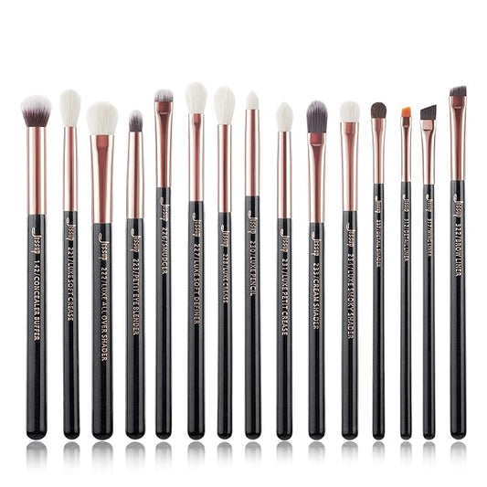 Jessup 15Pcs Professional Makeup Brushes Set Make up Brush Tools kit Eye Liner Shader Wood Handle Natural-synthetic Hair Brushes Pearl Black/Rose Gold T157