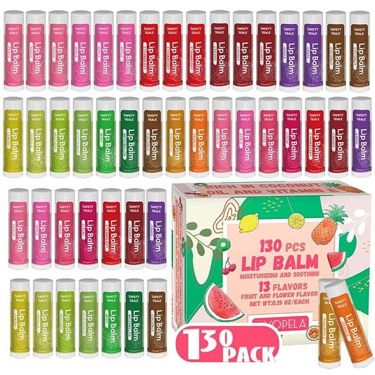 130 Pack Natural Lip Balm Bulk with Vitamin E and Coconut Oil - Moisturizing, Soothing, and Repairing Dry and Chapped Lips - 13 Flavors - Non-GMO 0.15 Oz