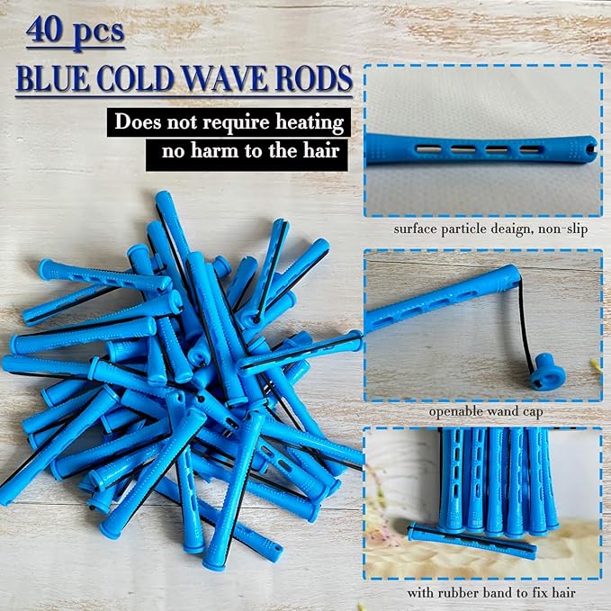 40pcs Perm Rods Set for Natural Hair Blue Plastic Cold Wave Rods Hair Curling Rollers with Steel Pintail Comb Rat Tail DIY Hairdressing Tools（40pcs Blue）