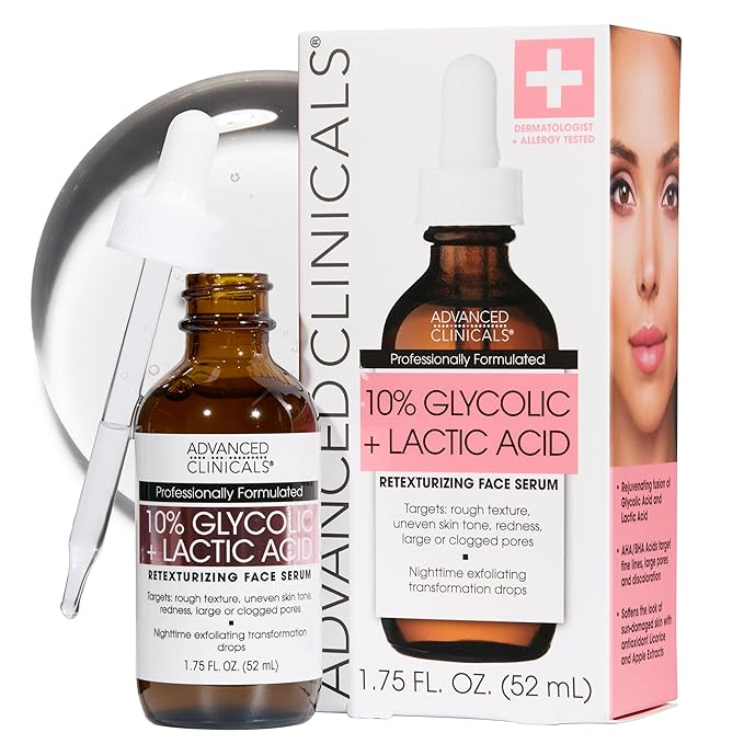 Advanced Clinicals Exfoliating 10% Glycolic Acid Serum For Face + Lactic Acid | Facial Exfoliant AHA + Salicylic Acid Serum To Improve Look Of Large Pores, Uneven Skin Tone, & Dark Spots, 1.75 FL Oz