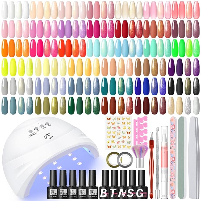 COSCELIA 57pcs Gel Nail Polish Kit with U V light Starter Kit 40 Colors Summer Gel Polish Set 5pcs Top and Base Coat Glossy Matte Glitter Beautiful Nail Stickers Gel Manicure Kit DIY Gifts for Women